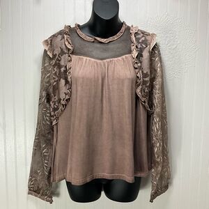 POL Women's Blouse with Sheer Lace Sleeves - Brown